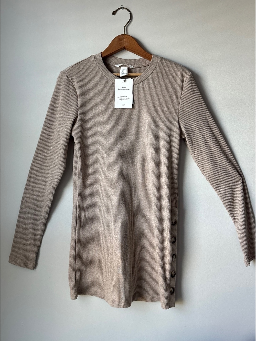 NWT H&M Mama Maternity Ribbed Long Sleeve Top Side Buttons Heather Beige Size M